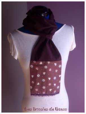 Foulard écharpe coton et dentelle violet